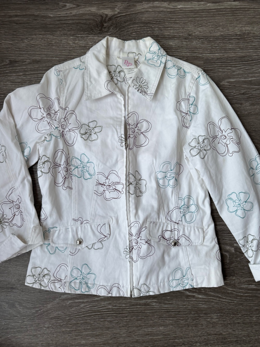 Weekenders Early 2000s White Jacket with Teal and Lavender Floral Stitching